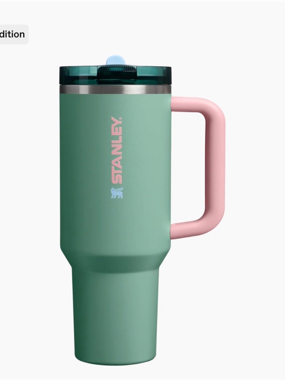 Stanley Mint Green Travel Mug with Pink Handle and Teal Lid